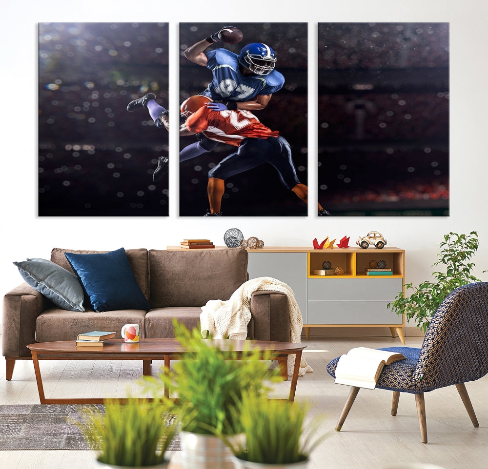 A stylish living room featuring a large gallery-quality American Football Wall Art Canvas Print, showcasing stadium sport imagery, on the wall.