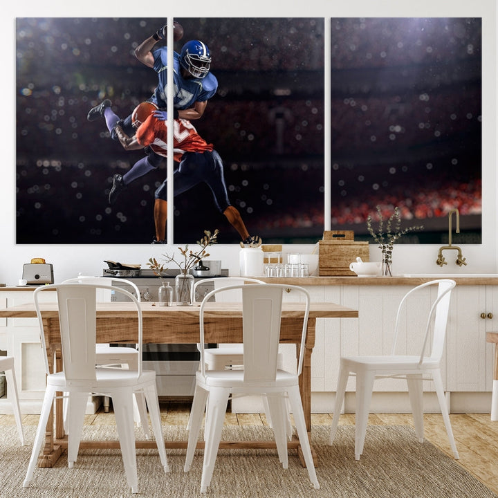 The dining room features the American Football Wall Art Canvas Print, a striking stadium sport piece on a gallery-wrapped, museum-quality canvas with UV-protective coating.