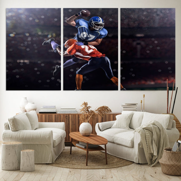 A stylish living room featuring a large gallery-quality American Football Wall Art Canvas Print, showcasing stadium sport imagery, on the wall.