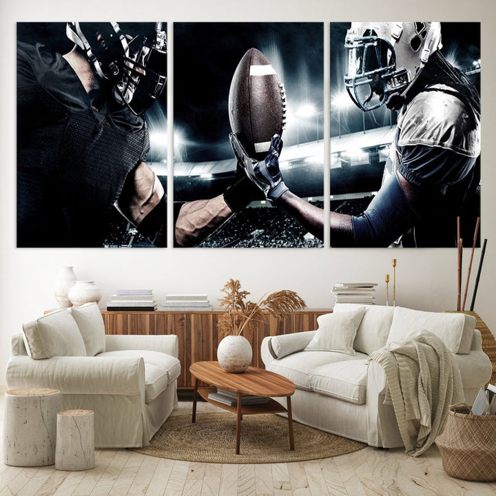 A modern living room features the "American Football Wall Art Canvas Print," a triptych of museum-quality canvases showcasing American football players.