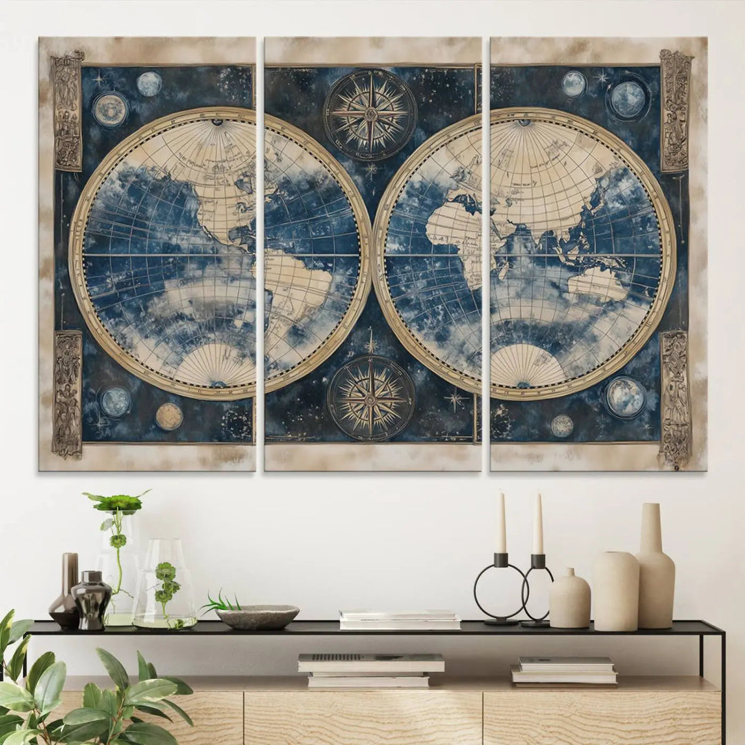 Antique Blue World Map Canvas Wall Art - Double Hemisphere Vintage Map Art - Nautical Themed Wall Art for Office or Study Decor