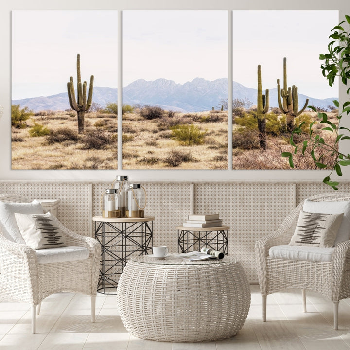 The Arizona Desert Wall Art Print, featuring saguaro cacti and framed for a farmhouse decor aesthetic, beautifully highlights a Southwestern landscape with distant mountains.