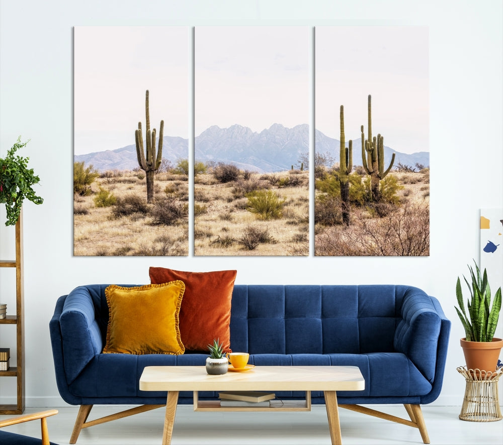 The Arizona Desert Wall Art Print, featuring saguaro cacti and framed for a farmhouse decor aesthetic, beautifully highlights a Southwestern landscape with distant mountains.