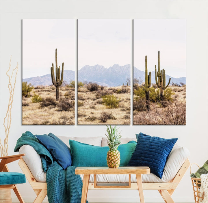 The Arizona Desert Wall Art Print, featuring saguaro cacti and framed for a farmhouse decor aesthetic, beautifully highlights a Southwestern landscape with distant mountains.