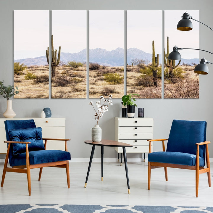 The Arizona Desert Wall Art Print, featuring saguaro cacti and framed for a farmhouse decor aesthetic, beautifully highlights a Southwestern landscape with distant mountains.