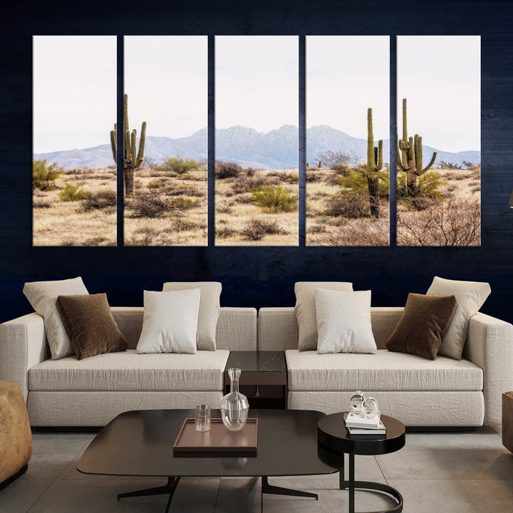 The Arizona Desert Wall Art Print, featuring saguaro cacti and framed for a farmhouse decor aesthetic, beautifully highlights a Southwestern landscape with distant mountains.