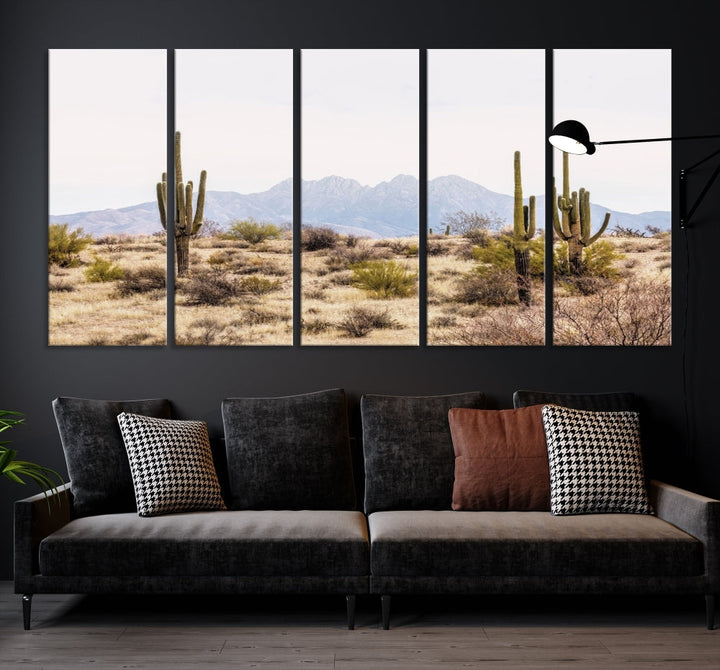 The Arizona Desert Wall Art Print, featuring saguaro cacti and framed for a farmhouse decor aesthetic, beautifully highlights a Southwestern landscape with distant mountains.