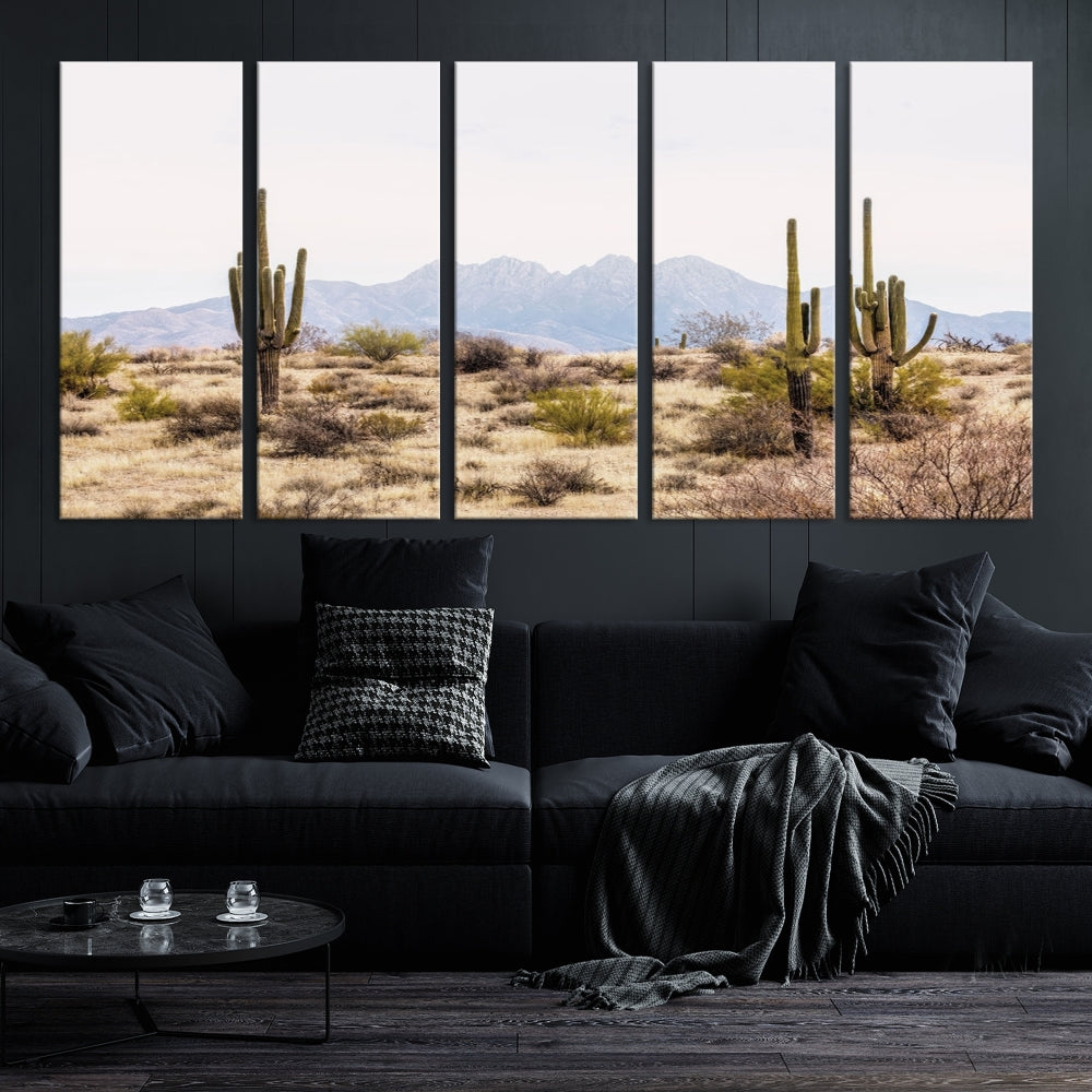 The Arizona Desert Wall Art Print, featuring saguaro cacti and framed for a farmhouse decor aesthetic, beautifully highlights a Southwestern landscape with distant mountains.