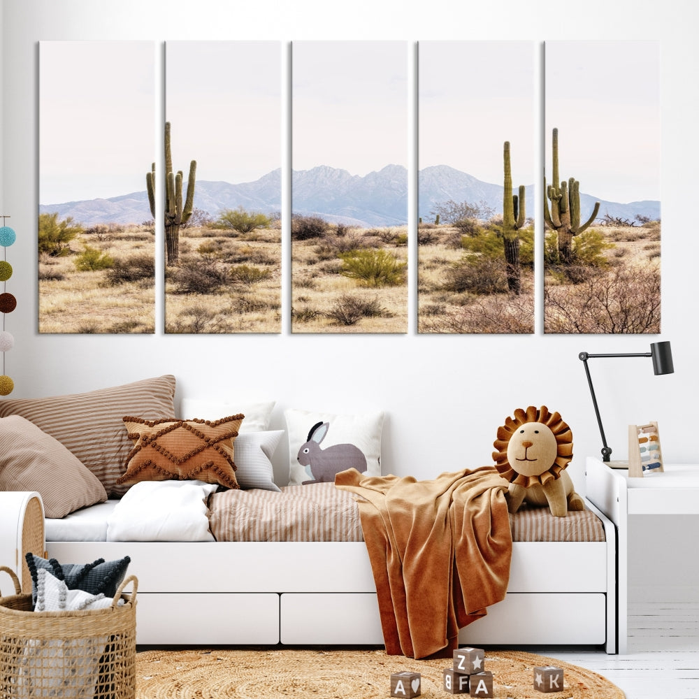 The Arizona Desert Wall Art Print, featuring saguaro cacti and framed for a farmhouse decor aesthetic, beautifully highlights a Southwestern landscape with distant mountains.