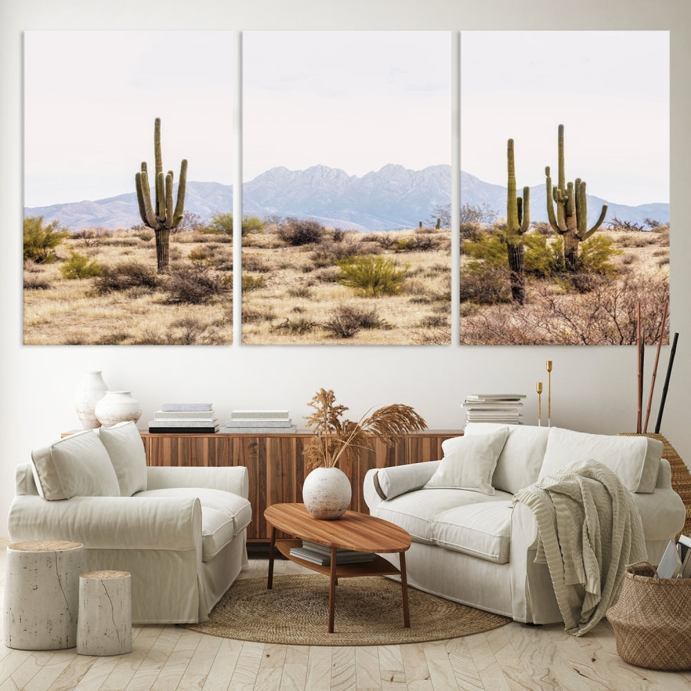 The Arizona Desert Wall Art Print, featuring saguaro cacti and framed for a farmhouse decor aesthetic, beautifully highlights a Southwestern landscape with distant mountains.