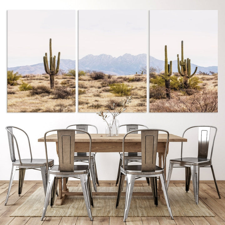 The Arizona Desert Wall Art Print, featuring saguaro cacti and framed for a farmhouse decor aesthetic, beautifully highlights a Southwestern landscape with distant mountains.