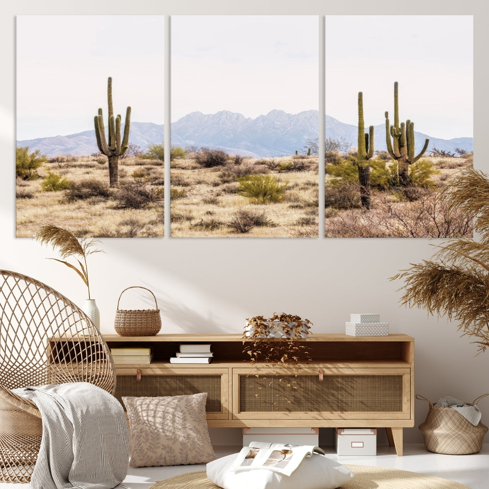 The Arizona Desert Wall Art Print, featuring saguaro cacti and framed for a farmhouse decor aesthetic, beautifully highlights a Southwestern landscape with distant mountains.