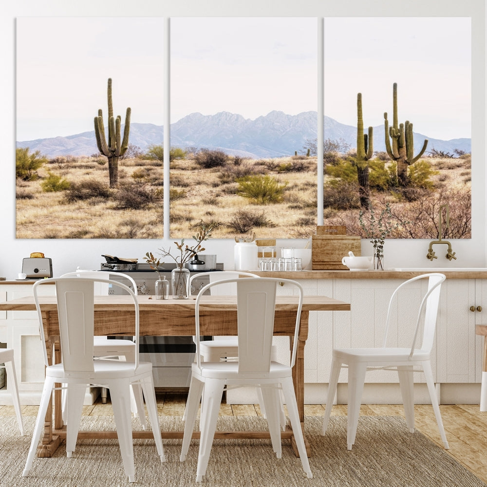 The Arizona Desert Wall Art Print, featuring saguaro cacti and framed for a farmhouse decor aesthetic, beautifully highlights a Southwestern landscape with distant mountains.