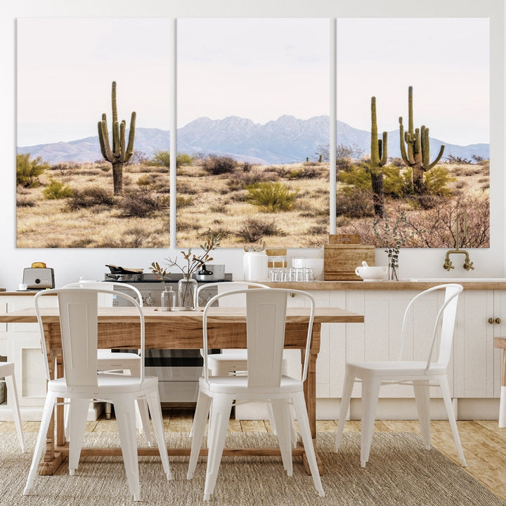 The Arizona Desert Wall Art Print, featuring saguaro cacti and framed for a farmhouse decor aesthetic, beautifully highlights a Southwestern landscape with distant mountains.