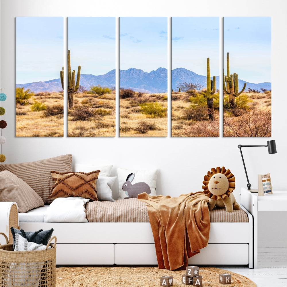 The Arizona Desert Cactus Wall Art Canvas Print, positioned above the console in a modern room, showcases a triptych desert landscape featuring cacti and mountains. Crafted on museum-quality polycotton canvas, it is finished with gallery-wrapped edges and an advanced UV-protective coating.