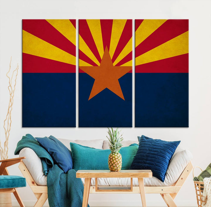 The Arizona States Flag Wall Art Canvas Print, made from museum-quality canvas with a UV-protective coating, is displayed prominently.