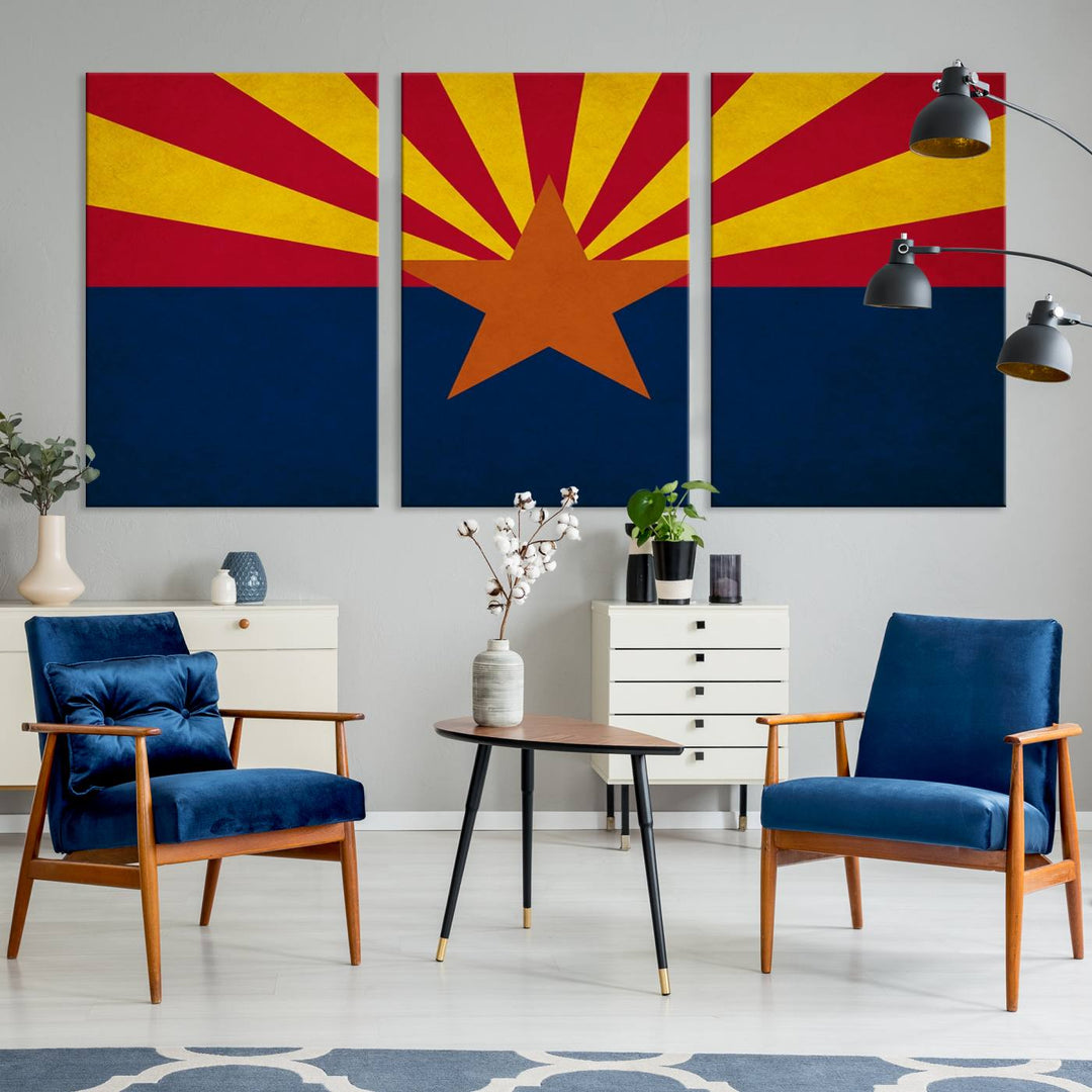 The Arizona States Flag Wall Art Canvas Print, made from museum-quality canvas with a UV-protective coating, is displayed prominently.