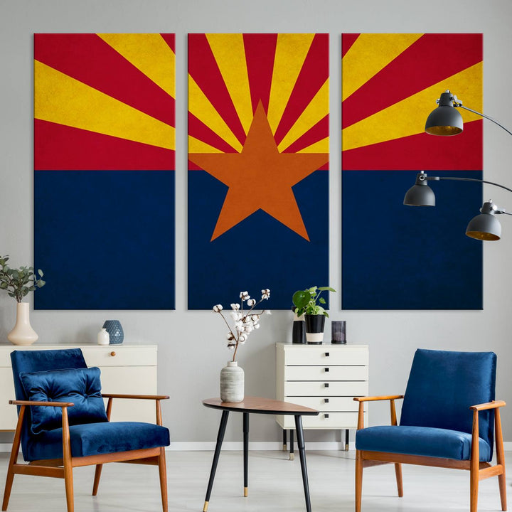 The Arizona States Flag Wall Art Canvas Print, made from museum-quality canvas with a UV-protective coating, is displayed prominently.