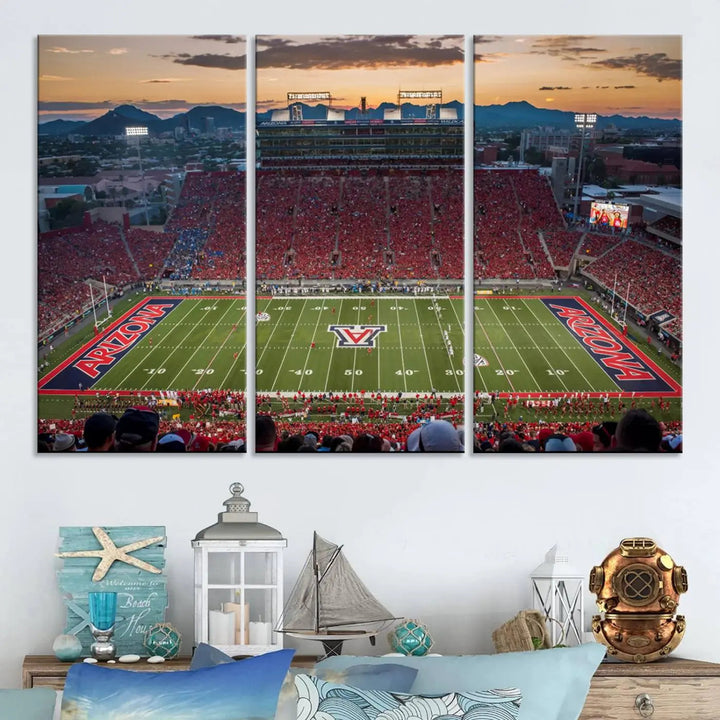 The Arizona Wildcats Football Team Print, a stunning canvas depiction of the Tucson Arizona Stadium at sunset, elegantly hangs in the room.