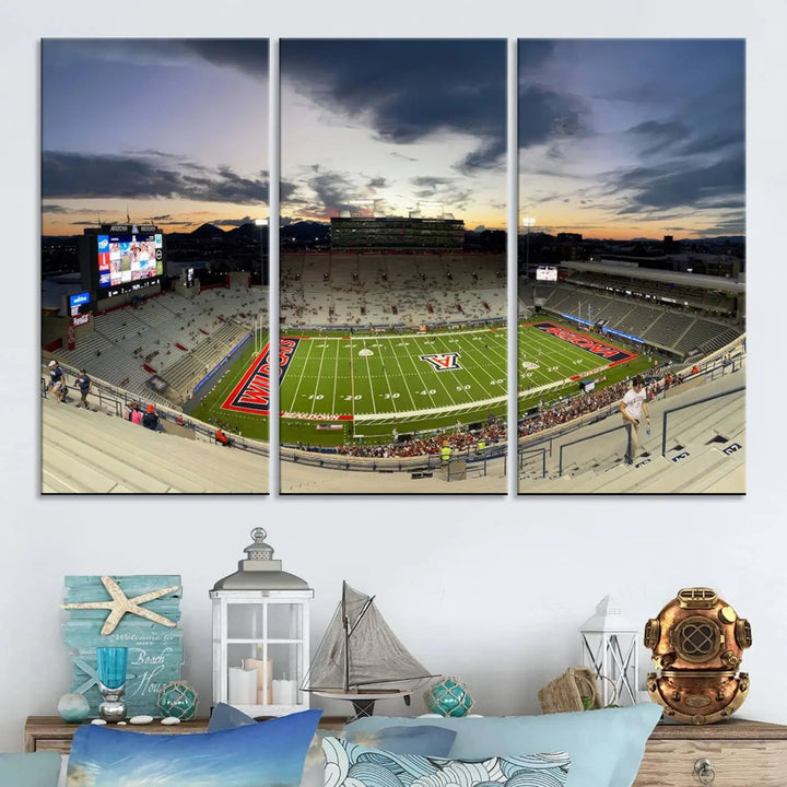 The Arizona Wildcats Football Team Print, featuring the Tucson Arizona Stadium at sunset, is elegantly displayed. This museum-quality canvas split art offers a breathtaking visual experience. The ready-to-hang, high-resolution print brings the scene to life with vibrant details.