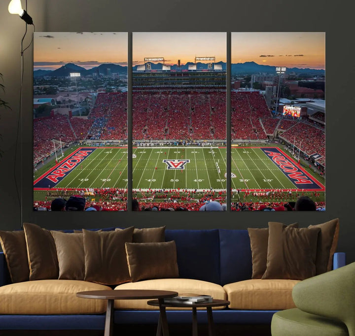 Triptych wall art featuring the Arizona Wildcats Football Team at the Tucson Arizona Stadium during sunset, printed in high-resolution on canvas.