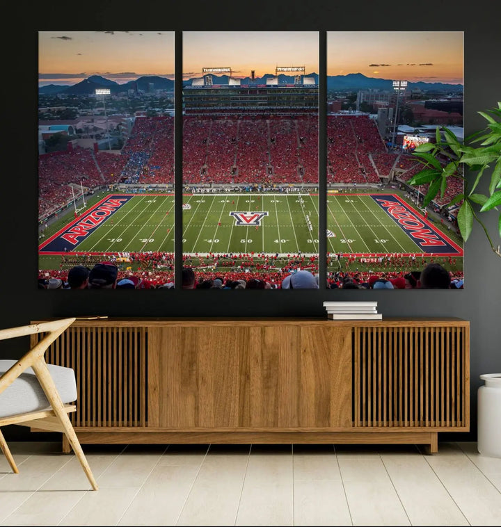 Triptych wall art featuring the Arizona Wildcats Football Team at the Tucson Arizona Stadium during sunset, printed in high-resolution on canvas.