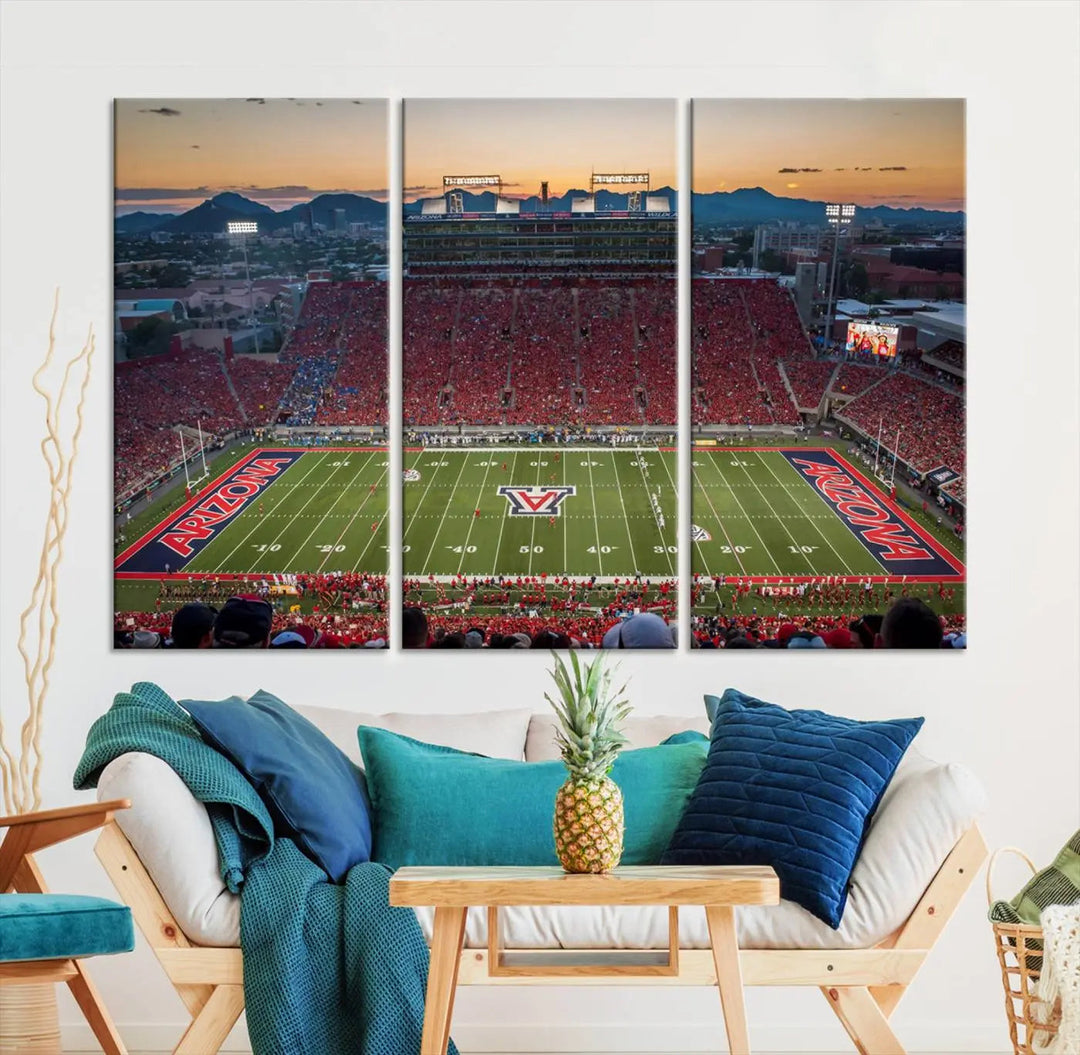 Triptych wall art featuring the Arizona Wildcats Football Team at the Tucson Arizona Stadium during sunset, printed in high-resolution on canvas.