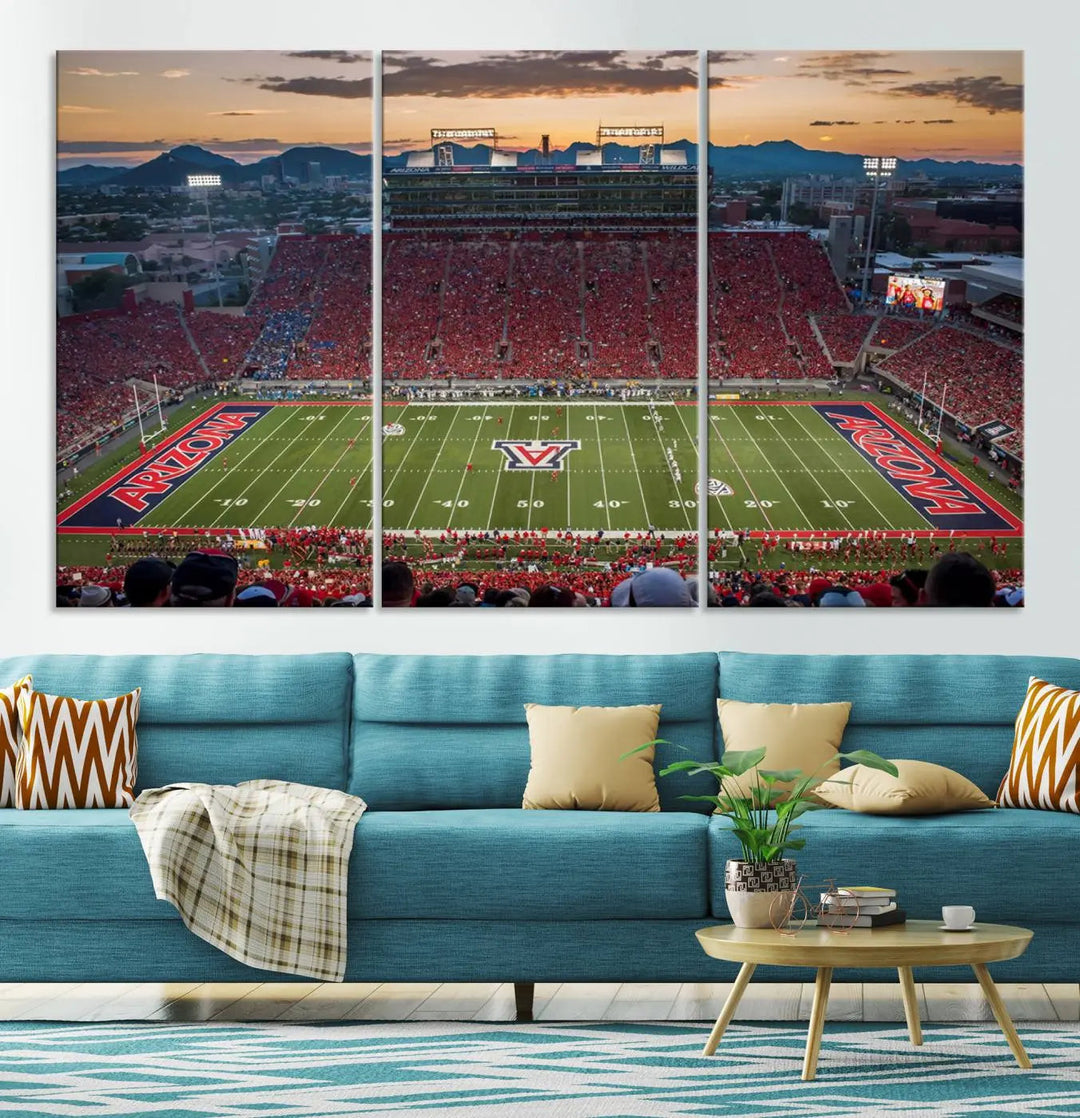 The Arizona Wildcats Football Team Print, a stunning canvas depiction of the Tucson Arizona Stadium at sunset, elegantly hangs in the room.