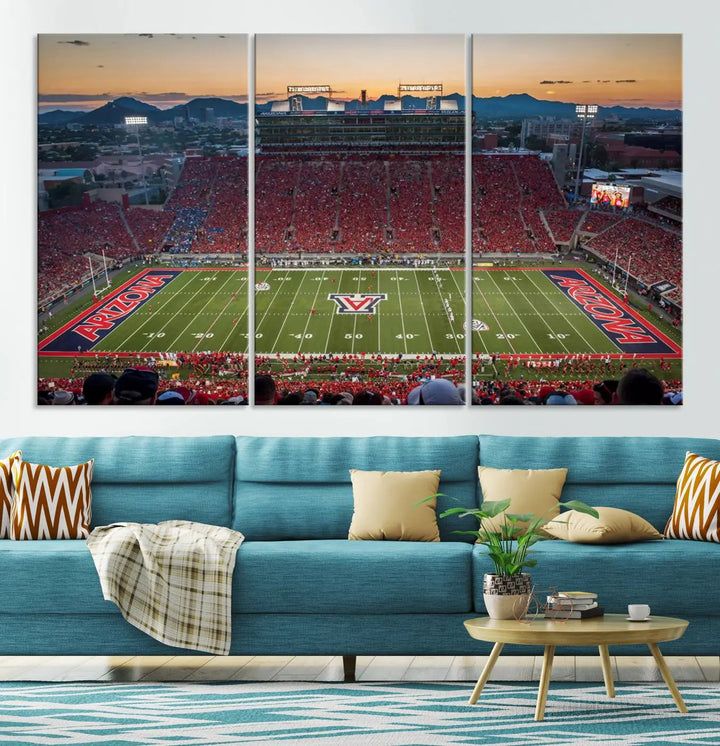 Triptych wall art featuring the Arizona Wildcats Football Team at the Tucson Arizona Stadium during sunset, printed in high-resolution on canvas.