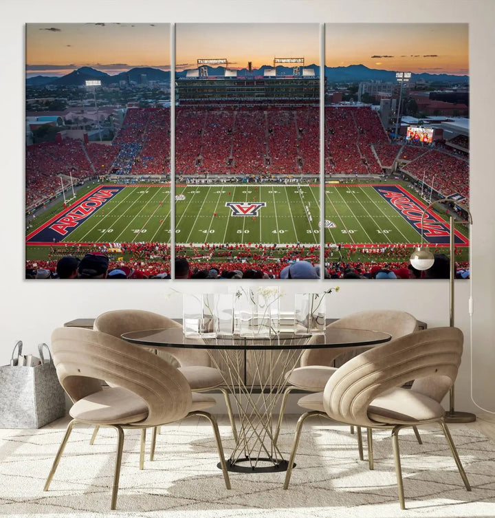 Triptych wall art featuring the Arizona Wildcats Football Team at the Tucson Arizona Stadium during sunset, printed in high-resolution on canvas.