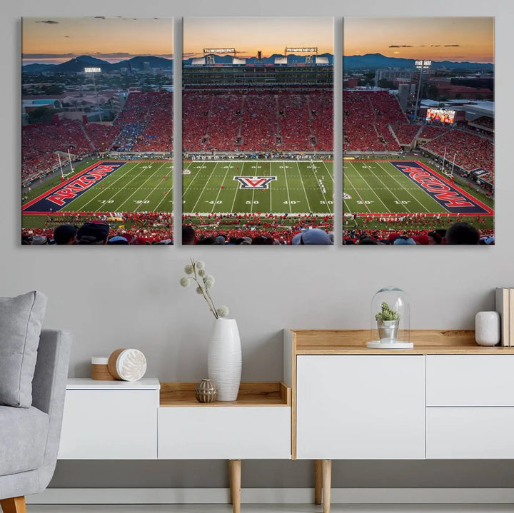 Triptych wall art featuring the Arizona Wildcats Football Team at the Tucson Arizona Stadium during sunset, printed in high-resolution on canvas.