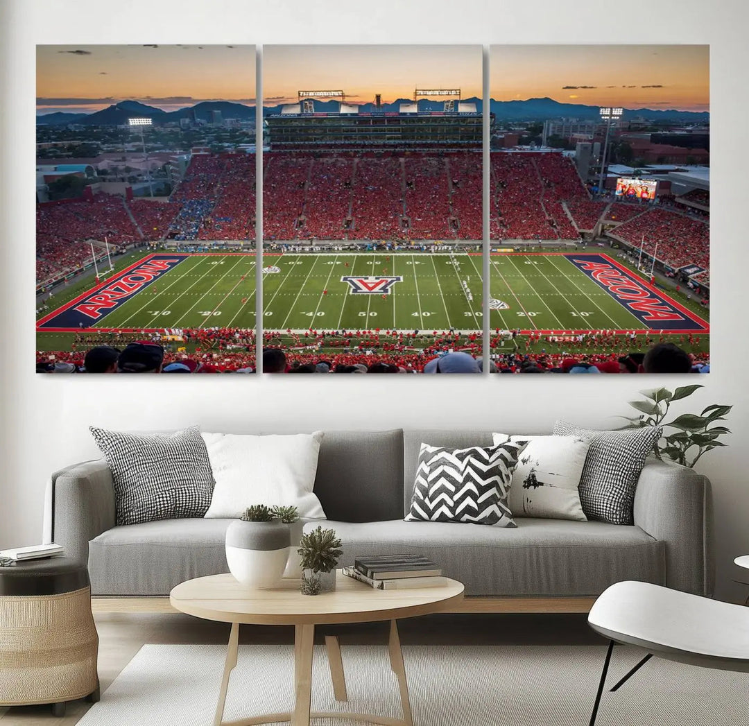 Triptych wall art featuring the Arizona Wildcats Football Team at the Tucson Arizona Stadium during sunset, printed in high-resolution on canvas.