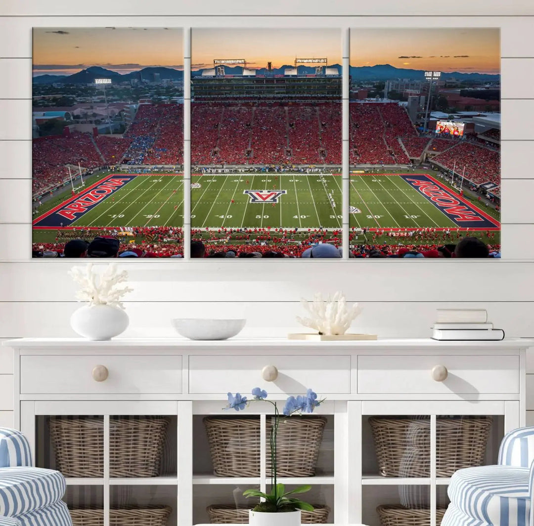 Triptych wall art featuring the Arizona Wildcats Football Team at the Tucson Arizona Stadium during sunset, printed in high-resolution on canvas.