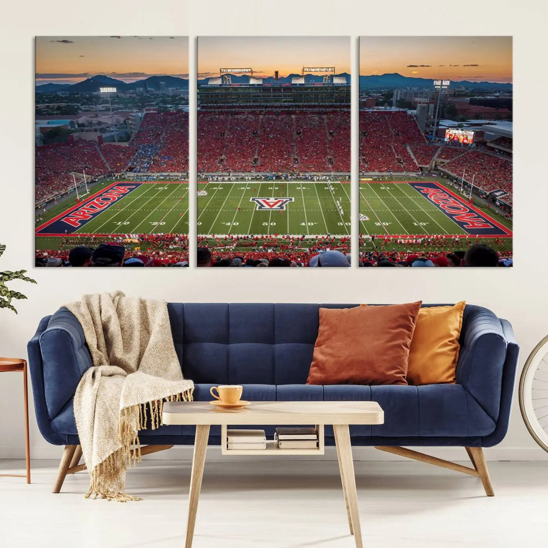 Triptych wall art featuring the Arizona Wildcats Football Team at the Tucson Arizona Stadium during sunset, printed in high-resolution on canvas.