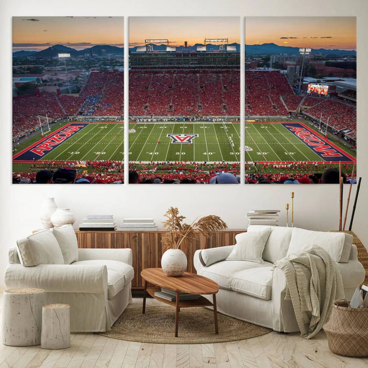 Triptych wall art featuring the Arizona Wildcats Football Team at the Tucson Arizona Stadium during sunset, printed in high-resolution on canvas.