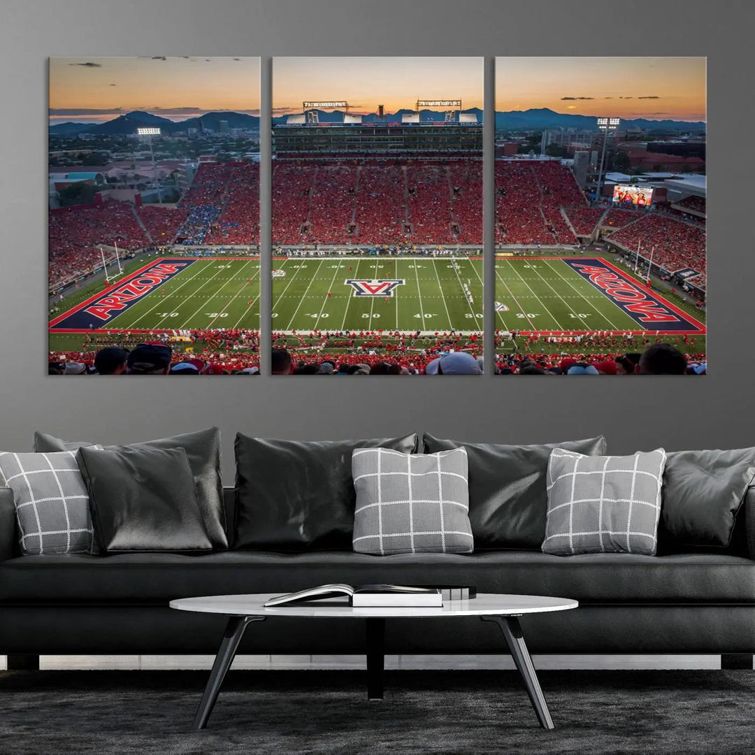 Triptych wall art featuring the Arizona Wildcats Football Team at the Tucson Arizona Stadium during sunset, printed in high-resolution on canvas.