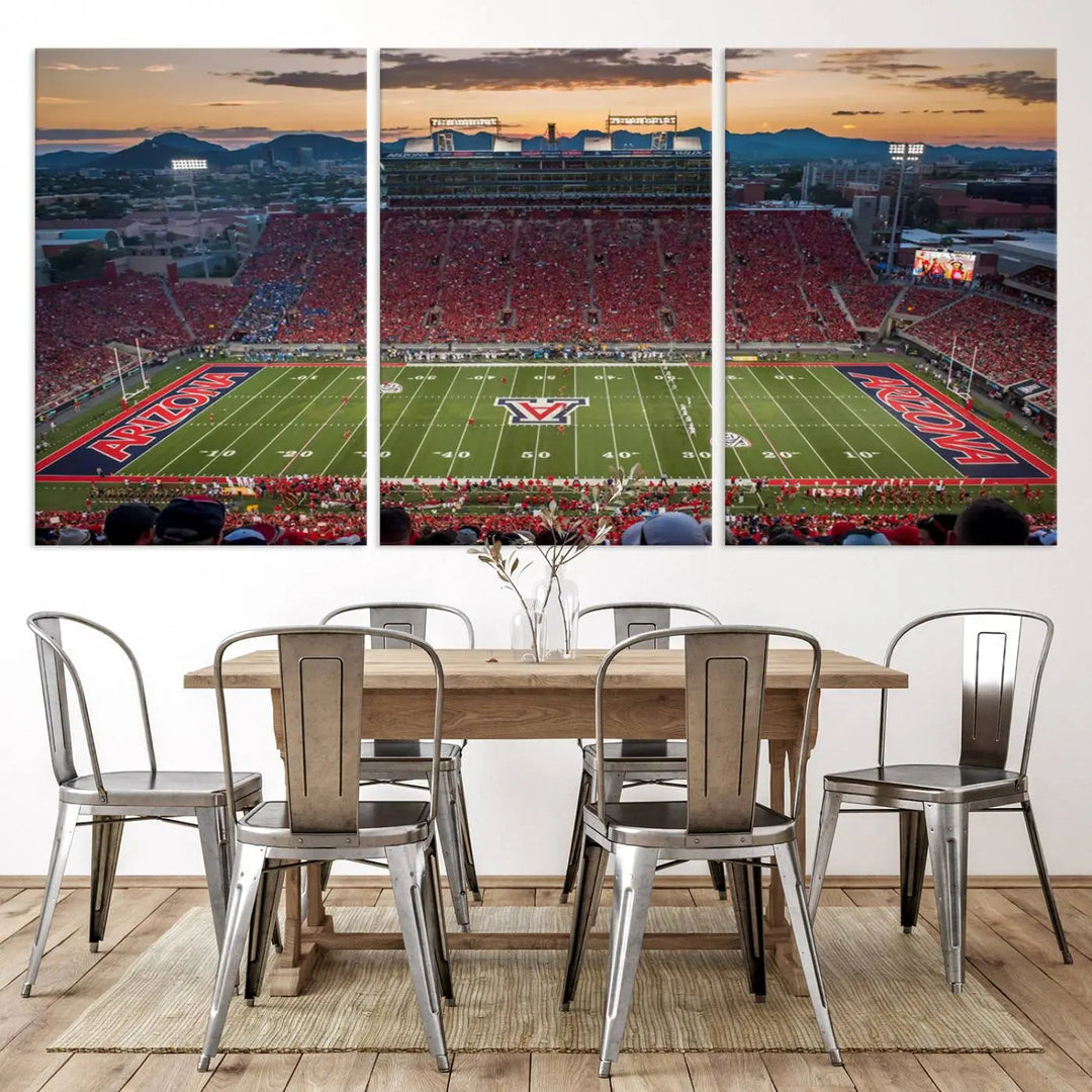 The Arizona Wildcats Football Team Print, a stunning canvas depiction of the Tucson Arizona Stadium at sunset, elegantly hangs in the room.