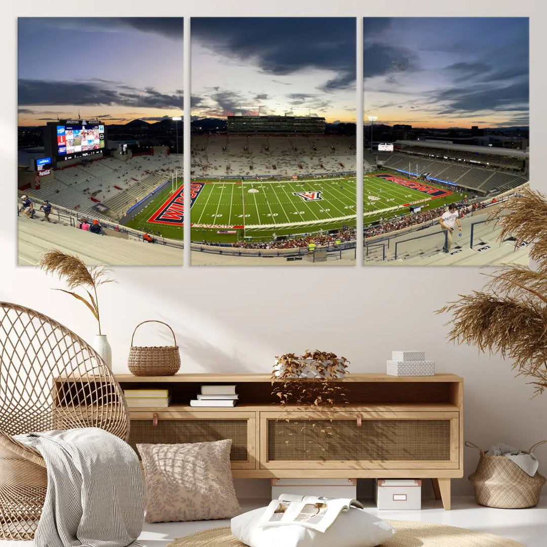 The Arizona Wildcats Football Team Print, featuring the Tucson Arizona Stadium at sunset, is elegantly displayed. This museum-quality canvas split art offers a breathtaking visual experience. The ready-to-hang, high-resolution print brings the scene to life with vibrant details.