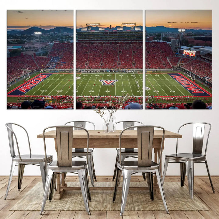 Triptych wall art featuring the Arizona Wildcats Football Team at the Tucson Arizona Stadium during sunset, printed in high-resolution on canvas.