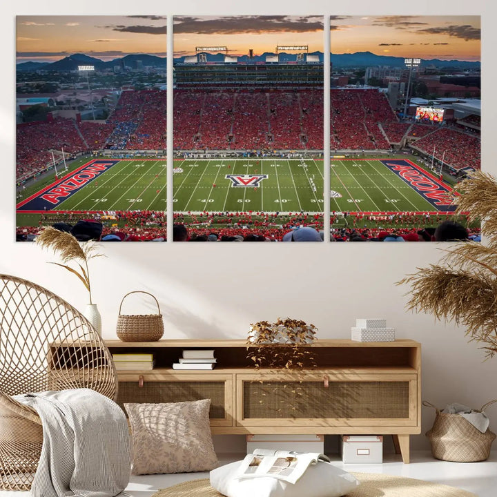 The Arizona Wildcats Football Team Print, a stunning canvas depiction of the Tucson Arizona Stadium at sunset, elegantly hangs in the room.