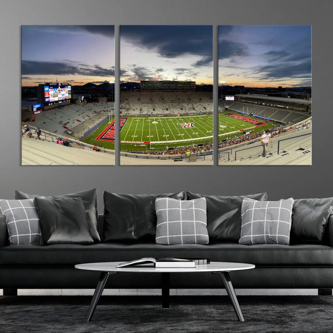 The Arizona Wildcats Football Team Print, featuring the Tucson Arizona Stadium at sunset, is elegantly displayed. This museum-quality canvas split art offers a breathtaking visual experience. The ready-to-hang, high-resolution print brings the scene to life with vibrant details.