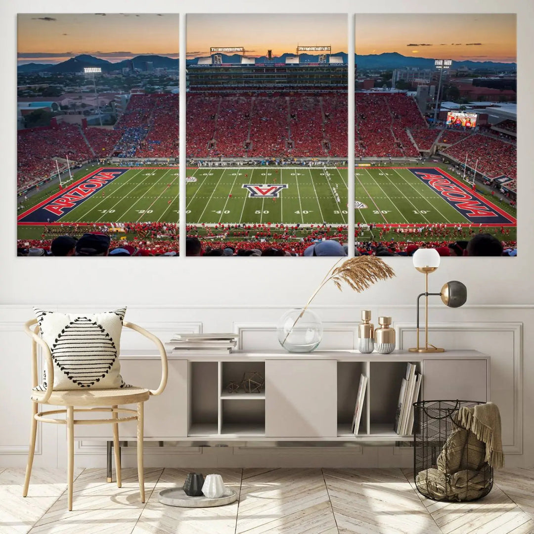 Triptych wall art featuring the Arizona Wildcats Football Team at the Tucson Arizona Stadium during sunset, printed in high-resolution on canvas.