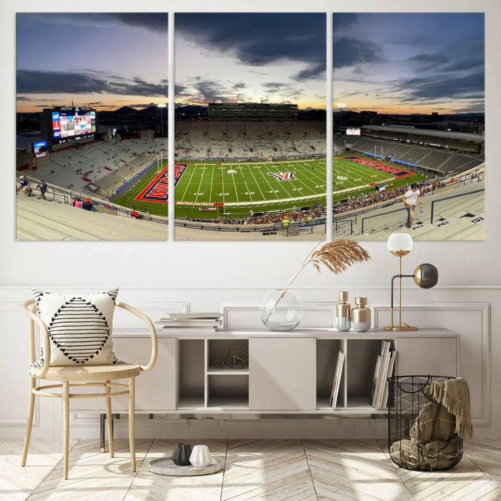 The Arizona Wildcats Football Team Print, featuring the Tucson Arizona Stadium at sunset, is elegantly displayed. This museum-quality canvas split art offers a breathtaking visual experience. The ready-to-hang, high-resolution print brings the scene to life with vibrant details.