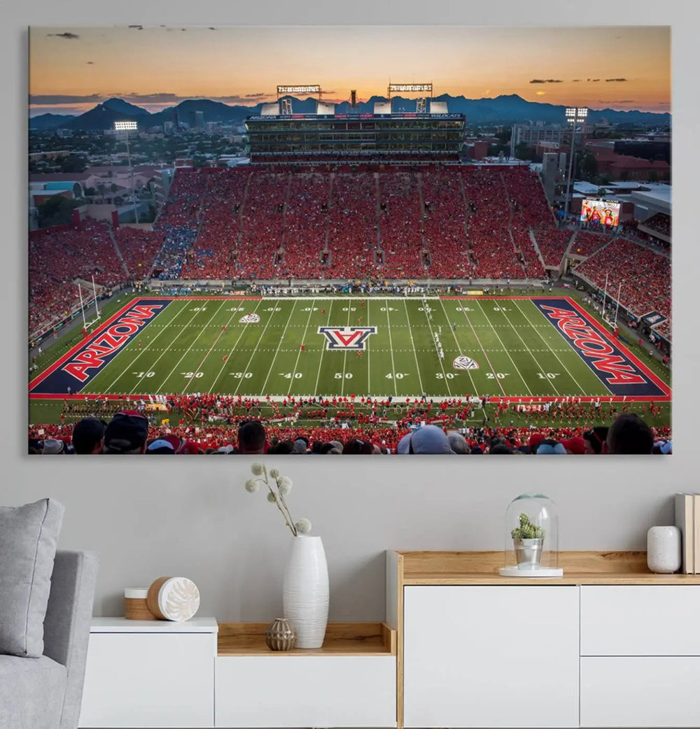 Triptych wall art featuring the Arizona Wildcats Football Team at the Tucson Arizona Stadium during sunset, printed in high-resolution on canvas.