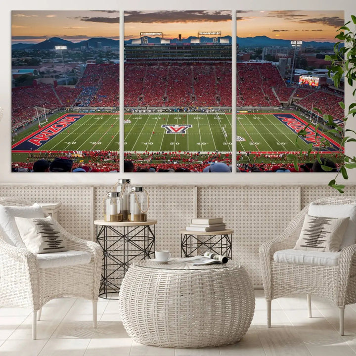 The Arizona Wildcats Football Team Print, a stunning canvas depiction of the Tucson Arizona Stadium at sunset, elegantly hangs in the room.