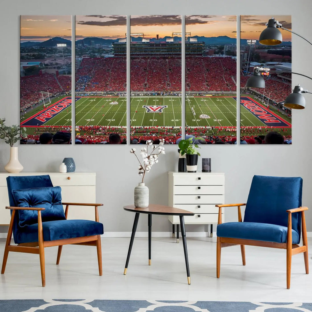 The Arizona Wildcats Football Team Print, a stunning canvas depiction of the Tucson Arizona Stadium at sunset, elegantly hangs in the room.