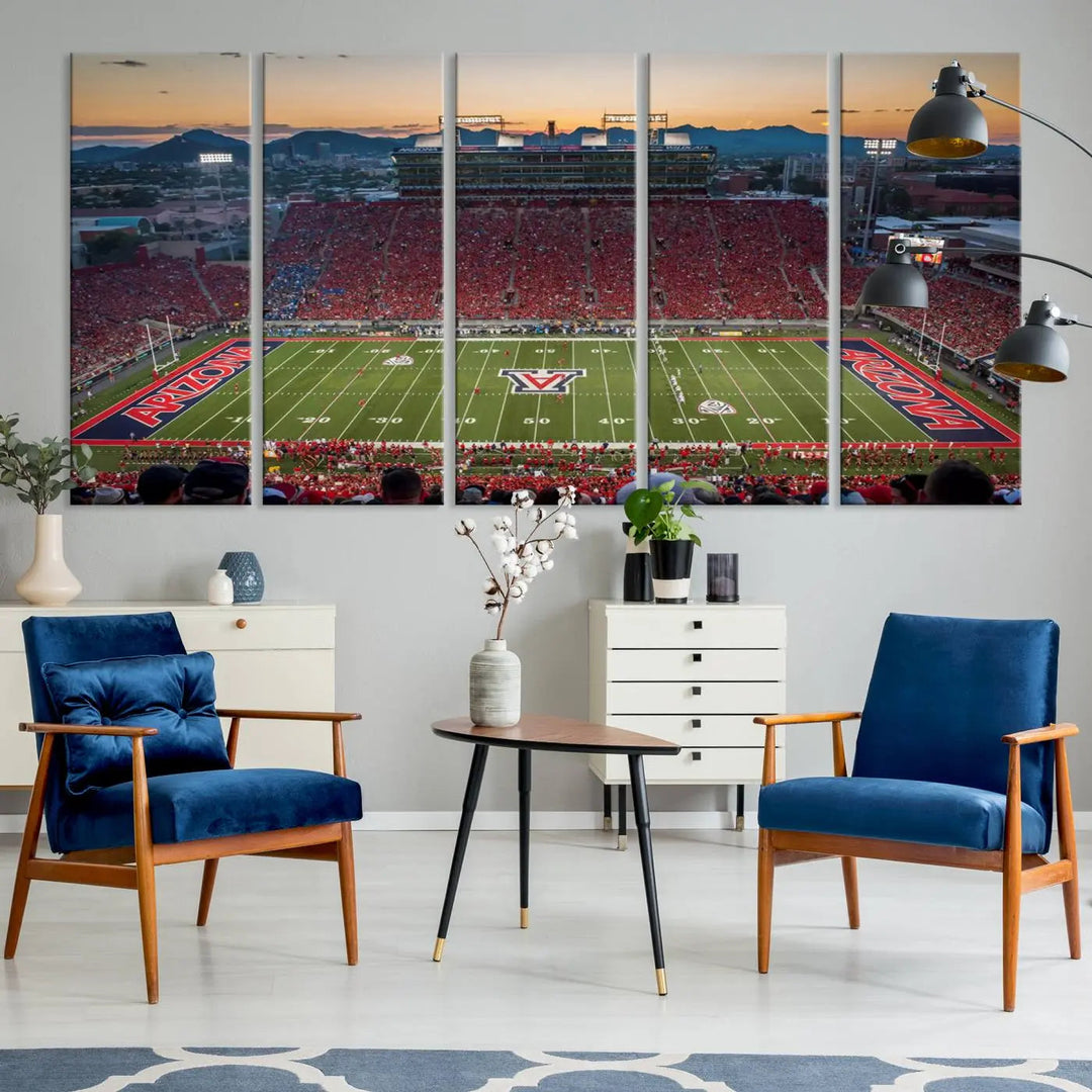 Triptych wall art featuring the Arizona Wildcats Football Team at the Tucson Arizona Stadium during sunset, printed in high-resolution on canvas.