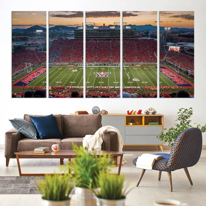 The Arizona Wildcats Football Team Print, a stunning canvas depiction of the Tucson Arizona Stadium at sunset, elegantly hangs in the room.