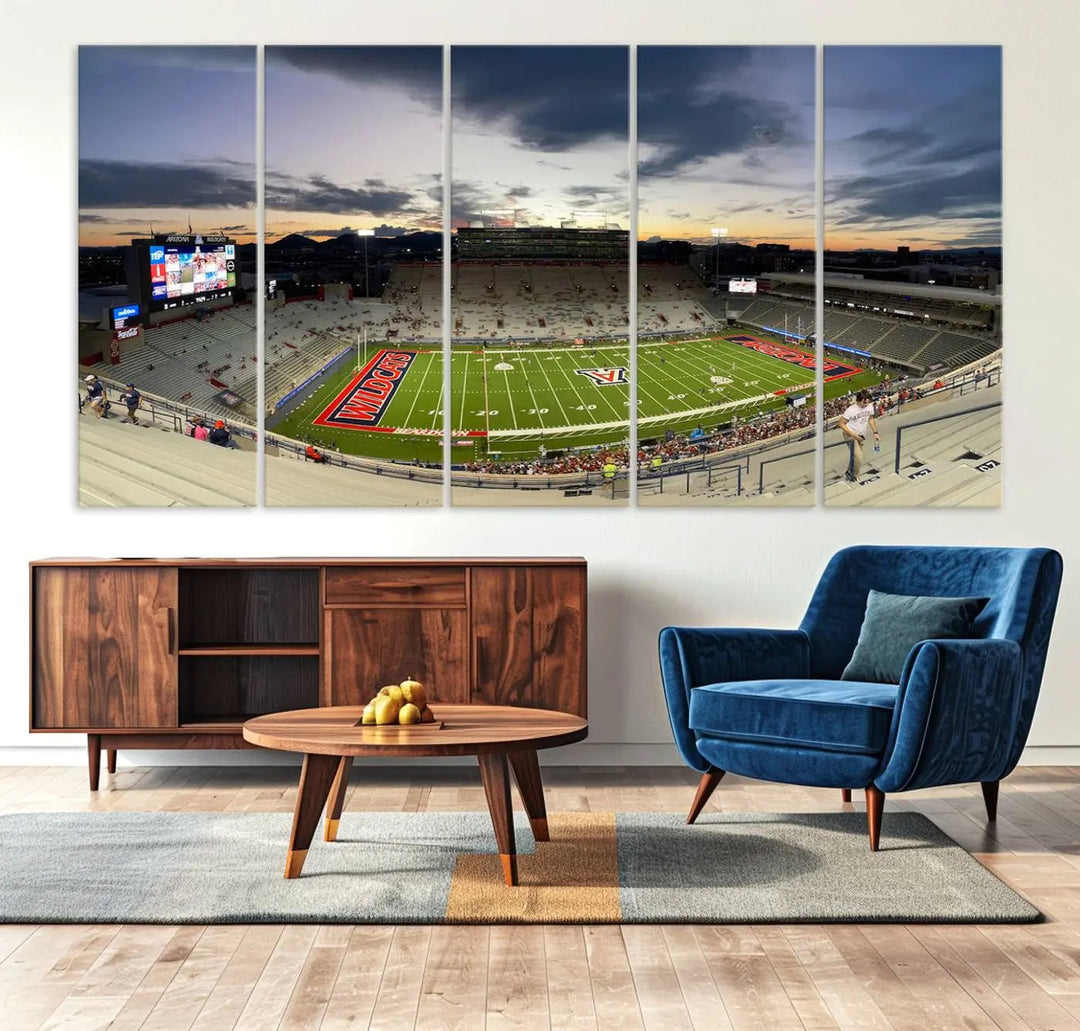 The Arizona Wildcats Football Team Print, featuring the Tucson Arizona Stadium at sunset, is elegantly displayed. This museum-quality canvas split art offers a breathtaking visual experience. The ready-to-hang, high-resolution print brings the scene to life with vibrant details.