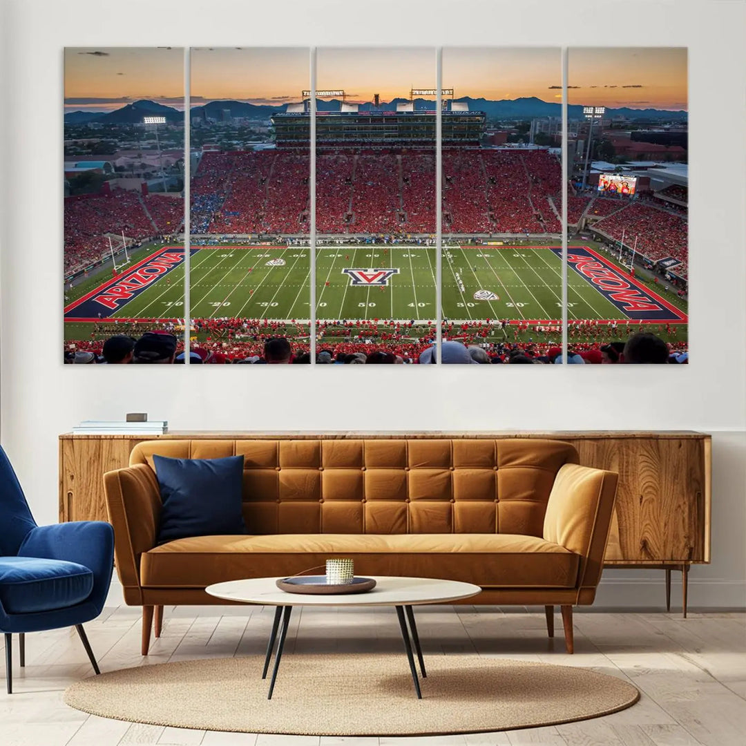 Triptych wall art featuring the Arizona Wildcats Football Team at the Tucson Arizona Stadium during sunset, printed in high-resolution on canvas.